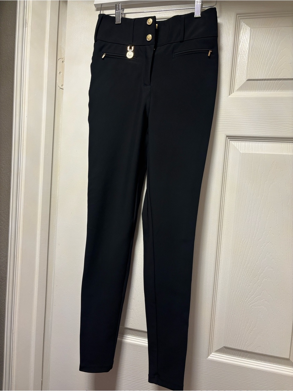 Black High-Rise Skinny Ponte Pants with Gold Accent Buttons